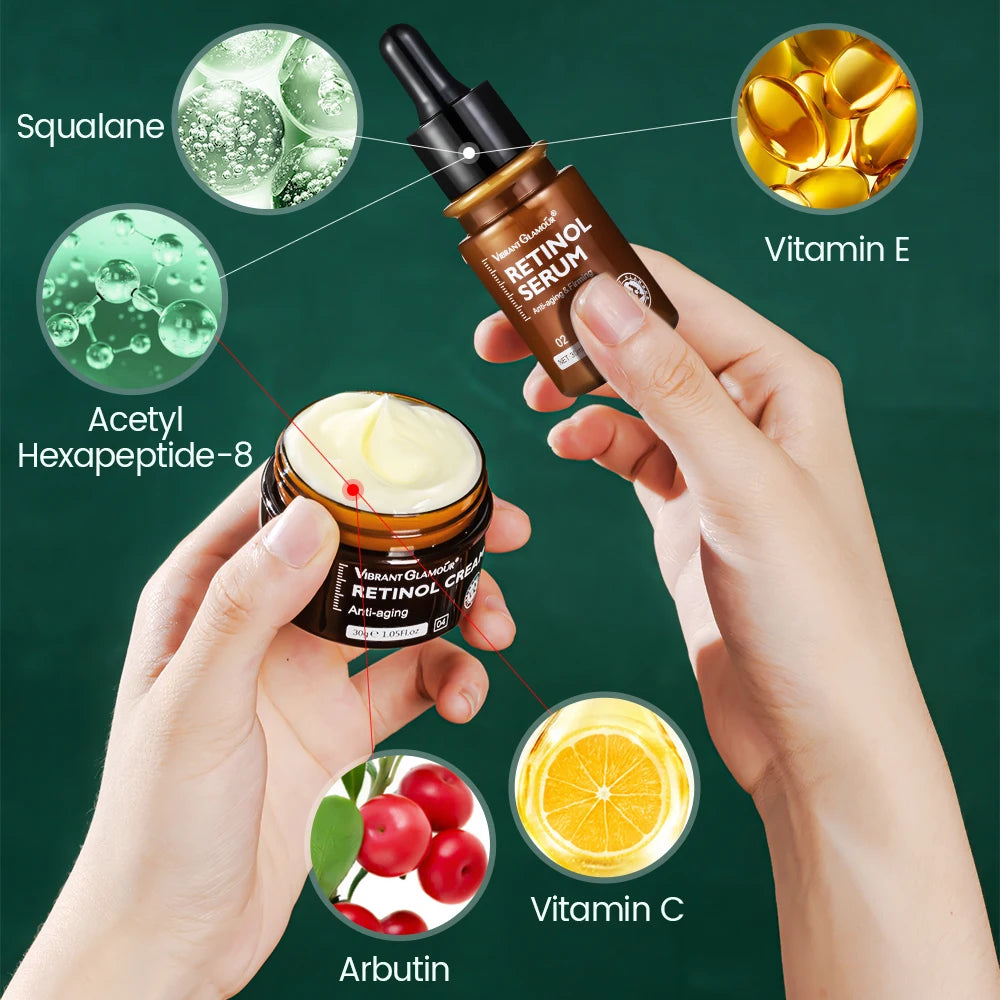 Retinol Face Cream And Eye Serum 2 PCS/Set Firming Lifting Anti-Aging Reduce Wrinkle Fine Lines Facial Skin Care