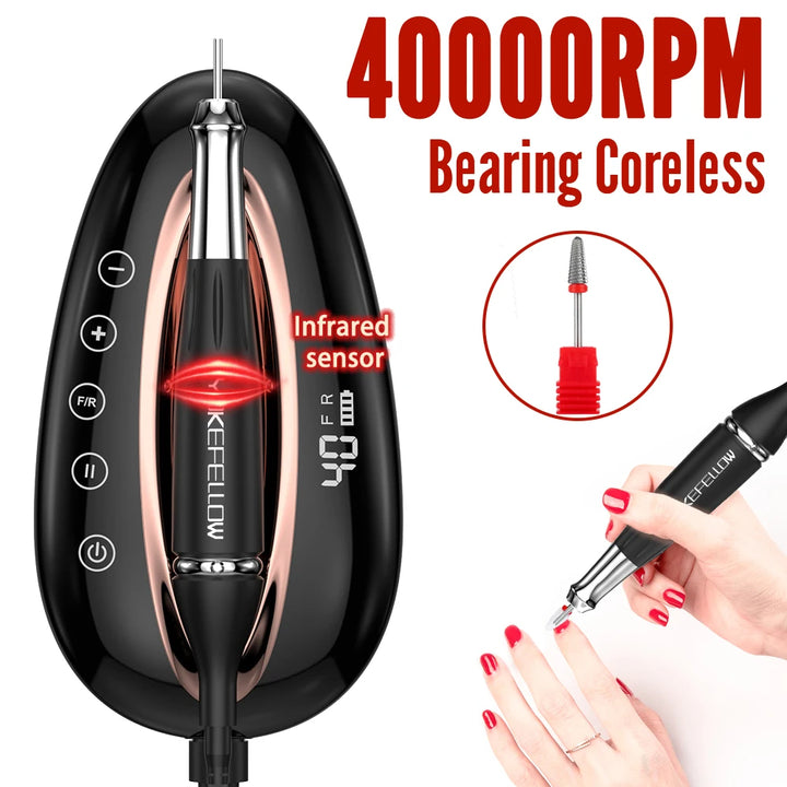 Electric Nail Drill Machine 40000RPM Brushless Motor Nails Sander For Gel Removing With Auto Pause Nail Salon Polisher Equipment